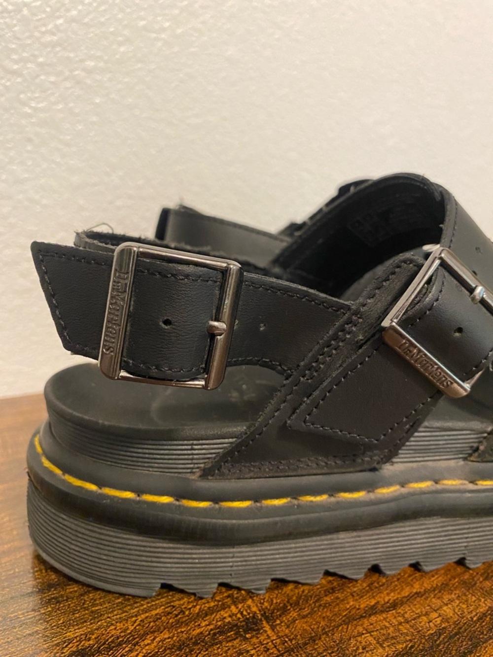 Dr. Martens Black Leather Platform Sandals with Yellow Stitching - Picture 3 of 5